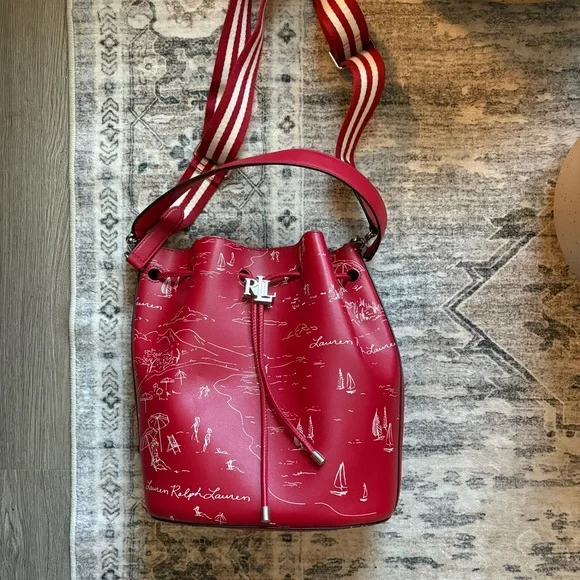 Ralph Lauren Andie drawstring bucket bag red andie 19 sailboats - Picture 12 of 13